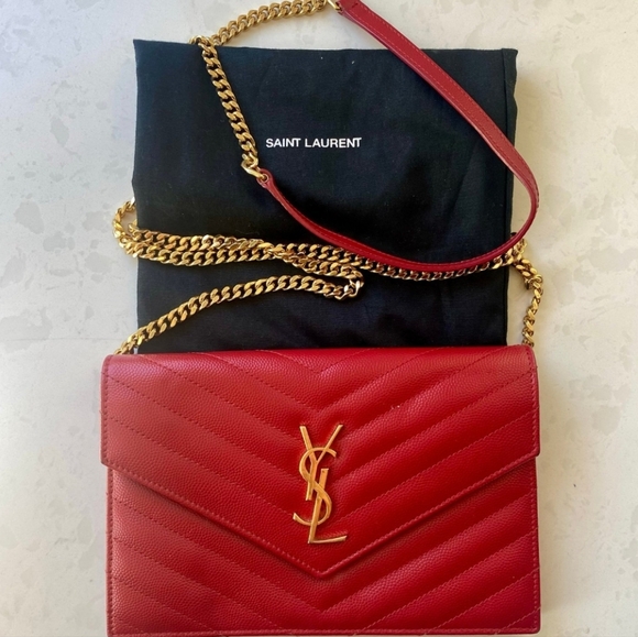 Saint Laurent YSL Red Monogram Small Wallet on Chain in Grained Leather … - Picture 1 of 5